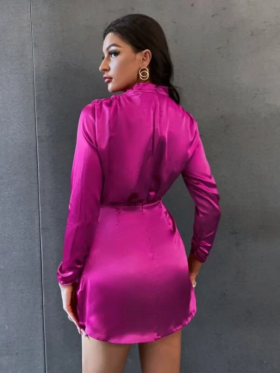 Draped Ruched Fake Button Satin Dress - Image 2