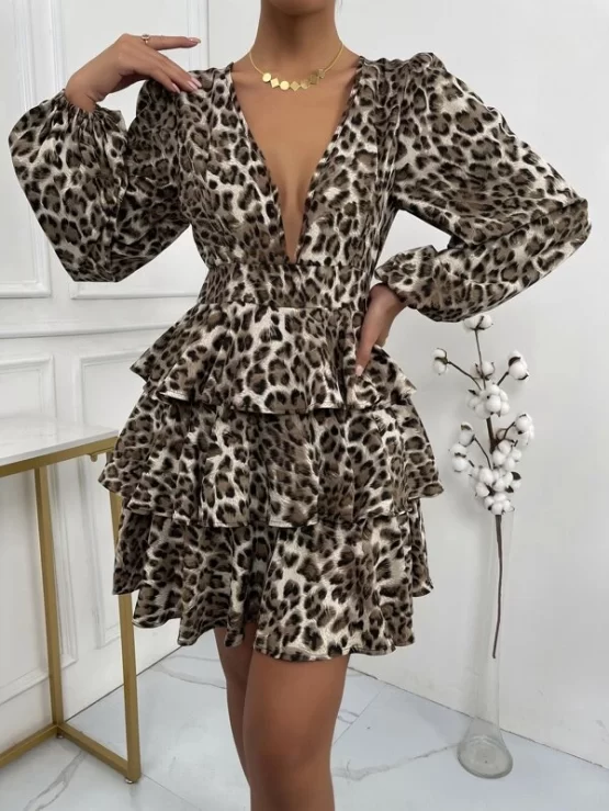Soft & Lightweight Leopard Print Deep V Neck Lantern Sleeve Layered Hem Dress - Image 3