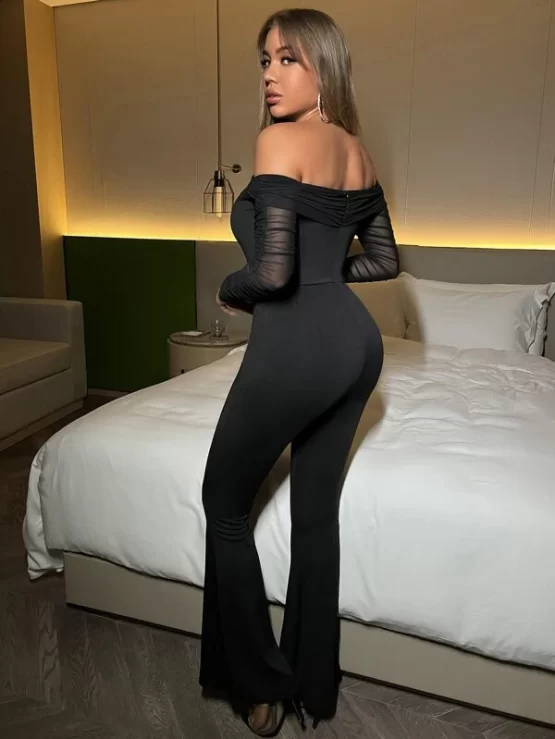 Contrast Mesh Ruched Sleeve Off Shoulder Flare Leg Jumpsuit - Image 2