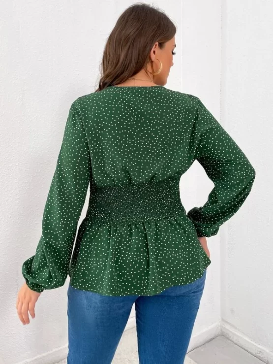 Plus Polka Dot Lantern Sleeve Shirred Waist Fake Button Blouse - Image 5