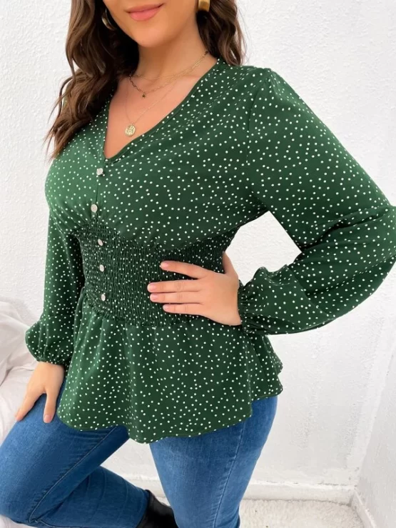 Plus Polka Dot Lantern Sleeve Shirred Waist Fake Button Blouse - Image 6