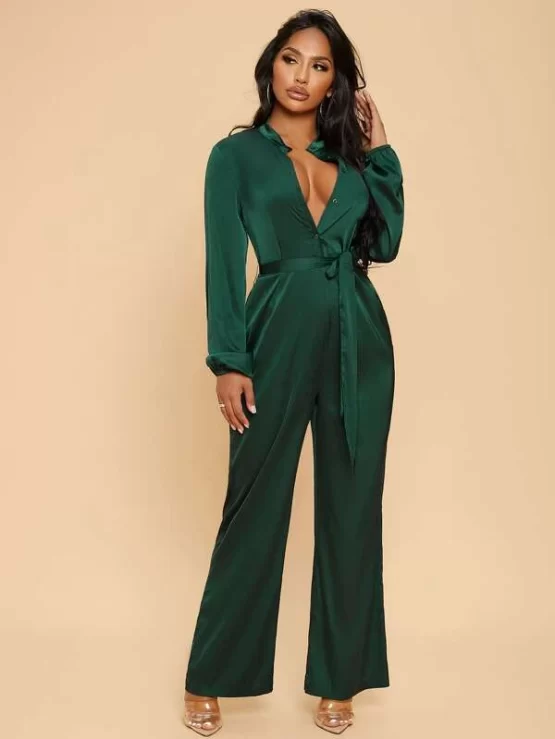 Lantern Sleeve Wide Belted Shirt Leg Jumpsuit - Image 3