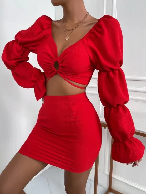 Cut Out Gathered Sleeve Flounce Cuff Crop Top & Bodycon Skirt - Image 5