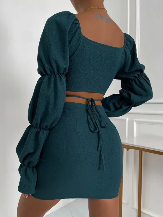 Cut Out Gathered Sleeve Flounce Cuff Crop Top & Bodycon Skirt - Image 2