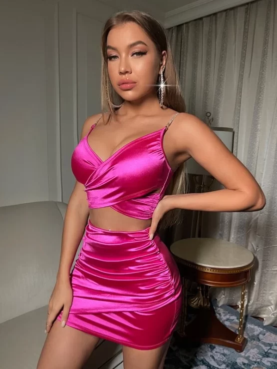 Rhinestone Strap Crossover Satin Cami Top & Bodycon Skirt - Image 5