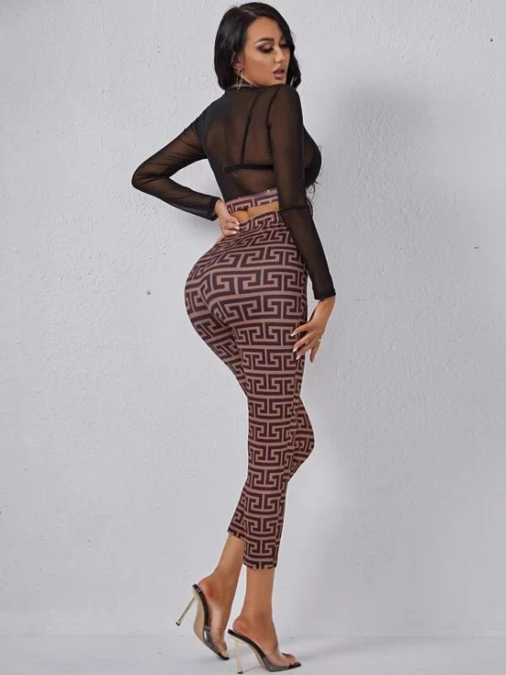 Greek Fret Print Mesh Insert Mock Neck Crop Top & Leggings Without Bra - Image 3