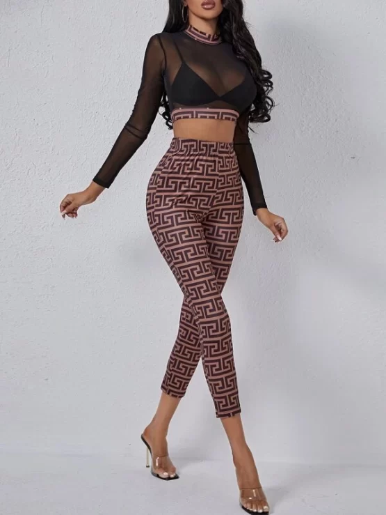 Greek Fret Print Mesh Insert Mock Neck Crop Top & Leggings Without Bra - Image 2