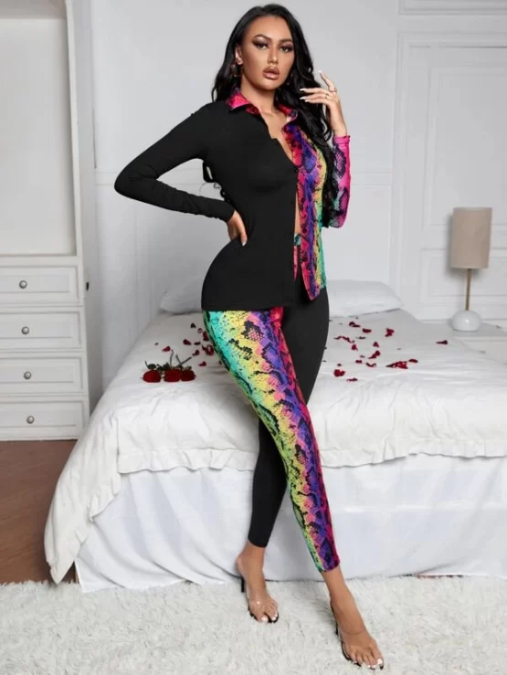 Snakeskin Print Collar Tee Top & Leggings - Image 2