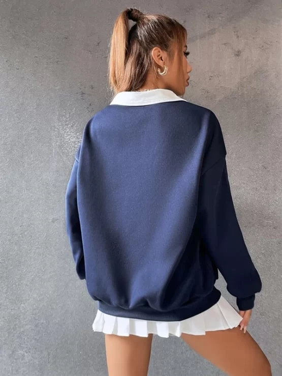 Polo Collar Drop Shoulder Letter Graphic Pullover - Image 2
