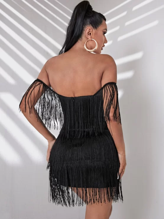 Off Shoulder Fringe Trim Bodycon Dress - Image 3