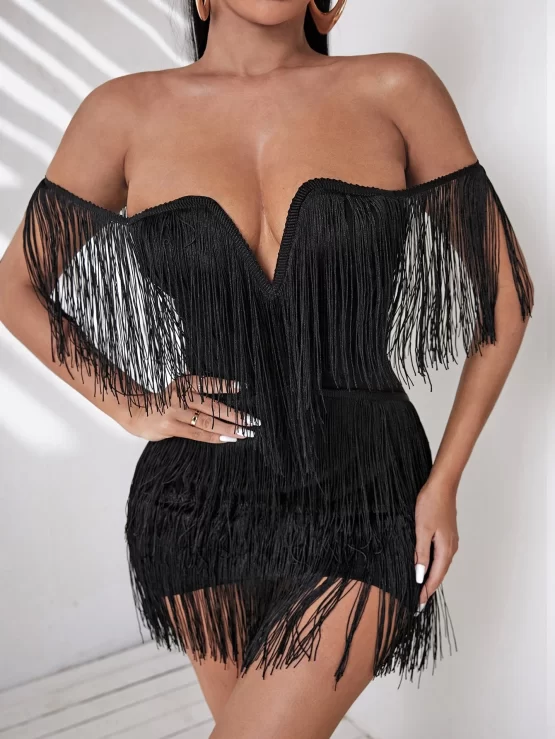 Off Shoulder Fringe Trim Bodycon Dress - Image 2