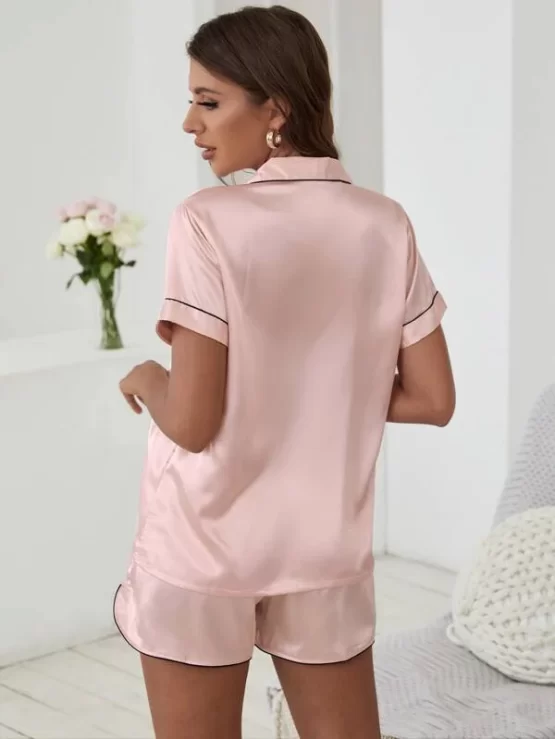 1 Set Heart Embroidery Contrast Binding Satin Pijama Set - Image 2