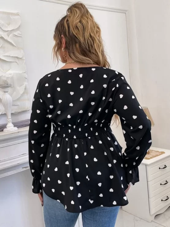 Plus Heart Print Shirred Flounce Sleeve Peplum Blouse - Image 3