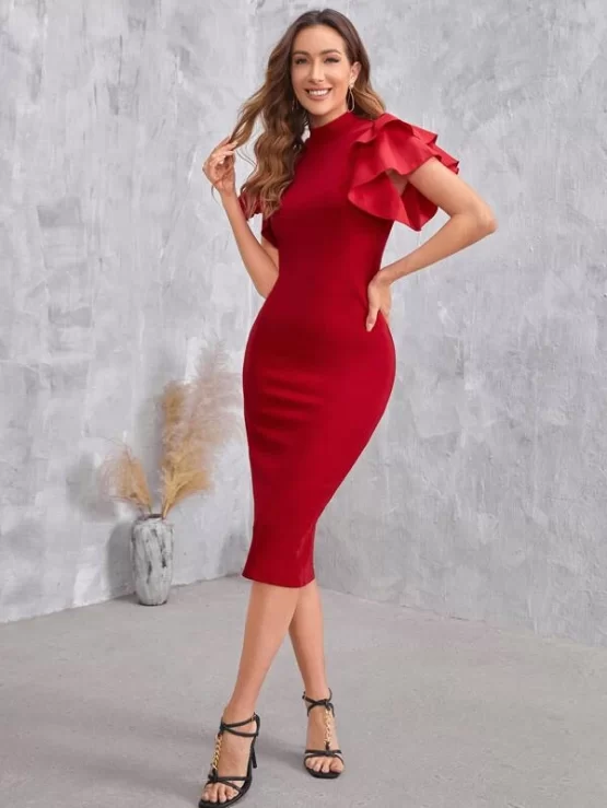 Mock Neck Butterfly Sleeve Split Back Dress - Image 3