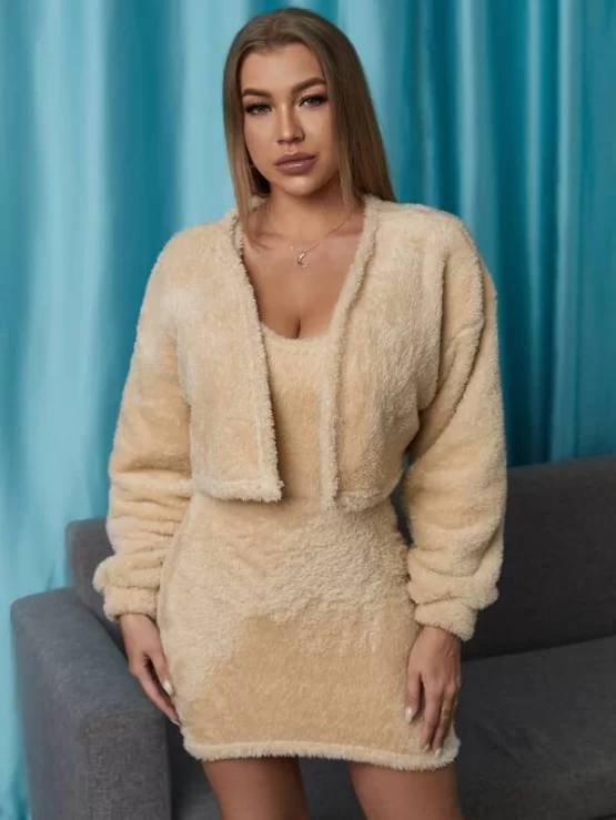 Drop Shoulder Open Front Crop Teddy Jacket & Bodycon Dress - Image 3