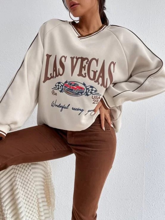 Letter & Car Print Contrast Piping Striped Trim Raglan Sleeve Pullover - Image 3