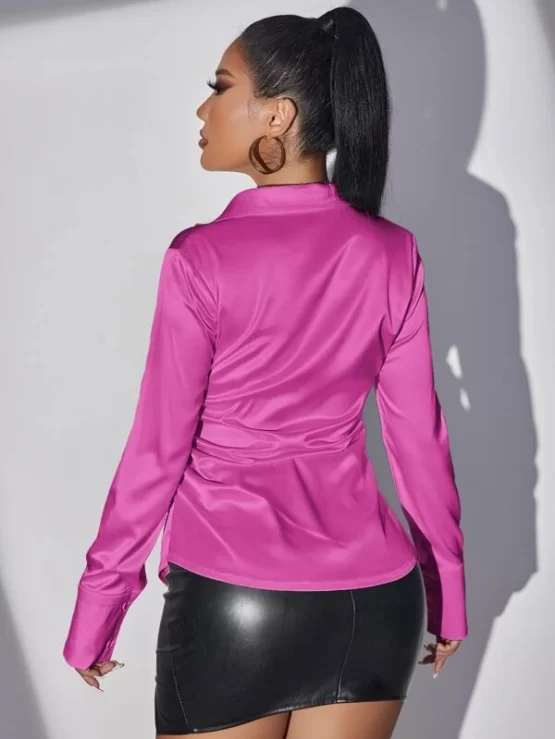Solid Collar Plain Button Front Satin Blouse - Image 11
