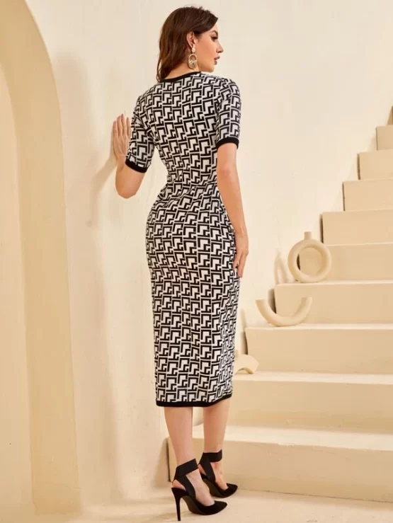 Allover Geo Print Contrast Binding Bodycon Dress - Image 2