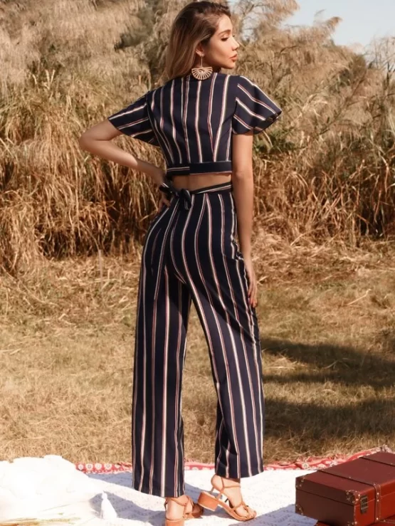 Striped Print Tie Back Crop Top & Pants - Image 3
