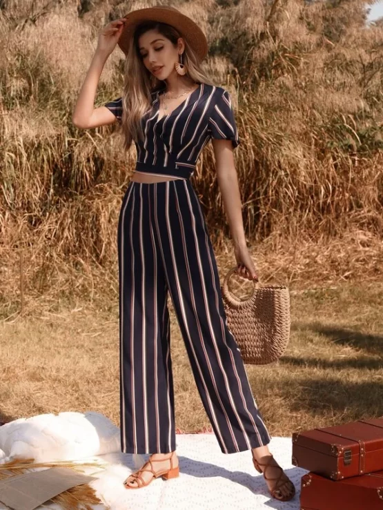 Striped Print Tie Back Crop Top & Pants - Image 2