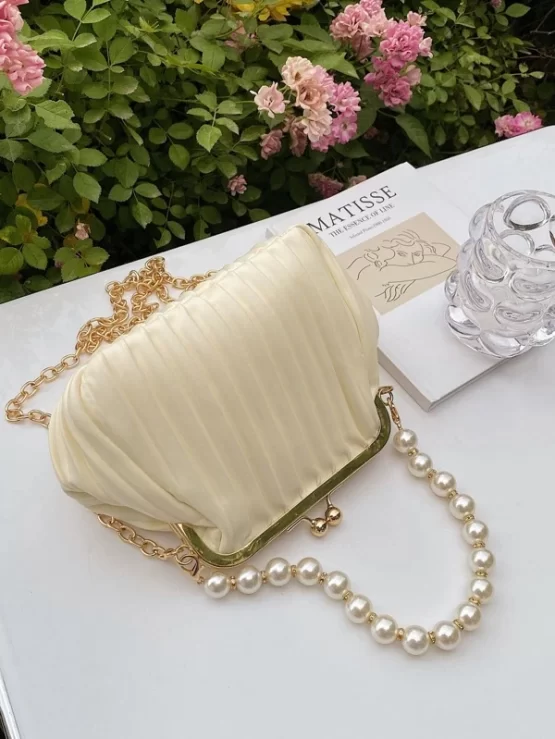 Faux Pearl Decor Kiss Lock Ruched Bag - Image 11