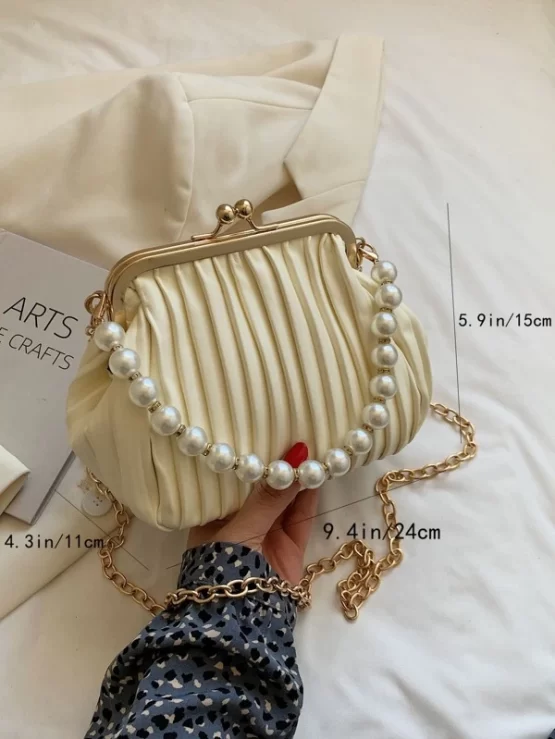 Faux Pearl Decor Kiss Lock Ruched Bag - Image 12
