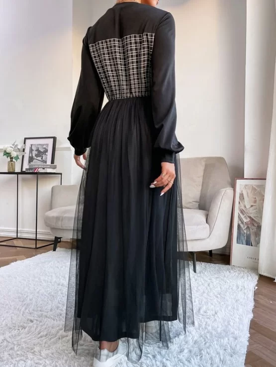 Grid Print Lantern Sleeve Mesh Hem Dress - Image 2
