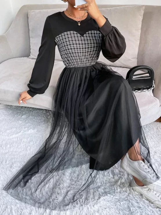 Grid Print Lantern Sleeve Mesh Hem Dress - Image 3
