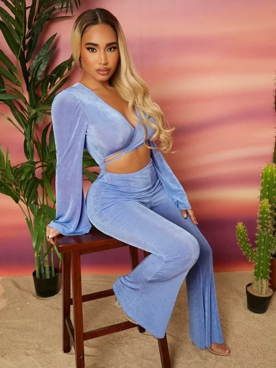 Flounce Sleeve Cut Out Front Flare Leg Jumpsuit - Image 2