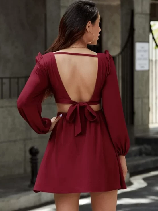 Plunging Neck Tie Back Cut Out Waist A-Line Dress - Image 5
