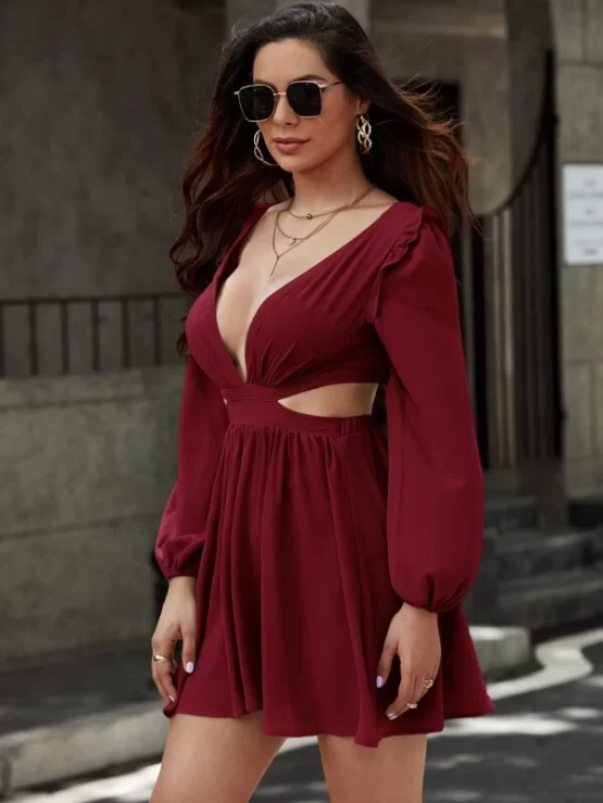 Plunging Neck Tie Back Cut Out Waist A-Line Dress - Image 6