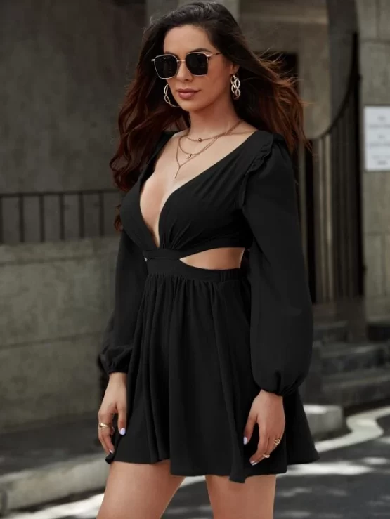Plunging Neck Tie Back Cut Out Waist A-Line Dress - Image 8