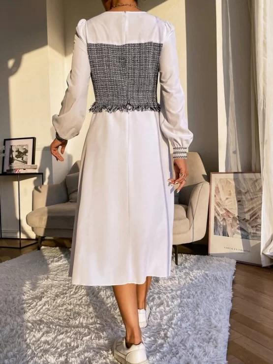 Plaid Raw Trim Lantern Sleeve 2 In 1 Dress - Image 3