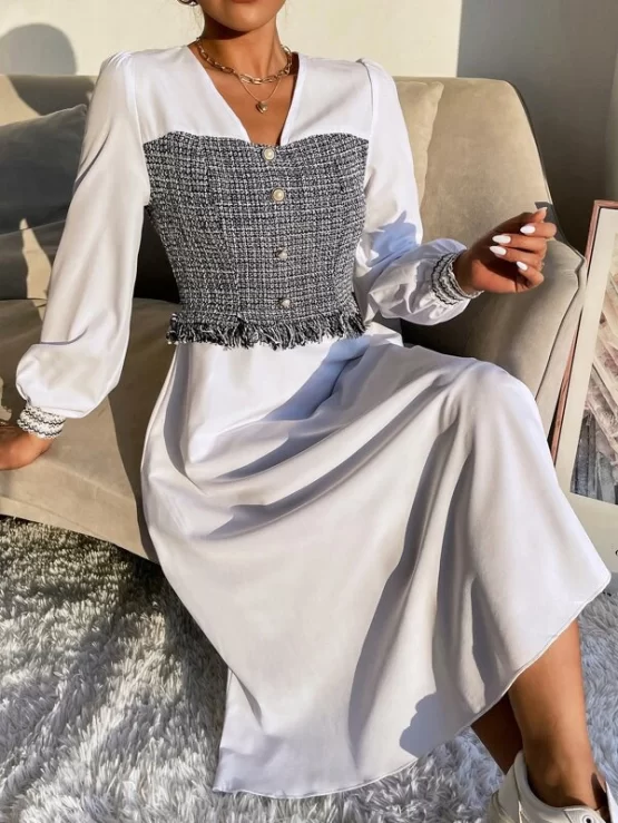 Plaid Raw Trim Lantern Sleeve 2 In 1 Dress - Image 2