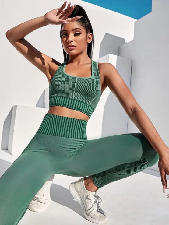Seamless Striped Panel Wide Waistband Sports Set - Image 2