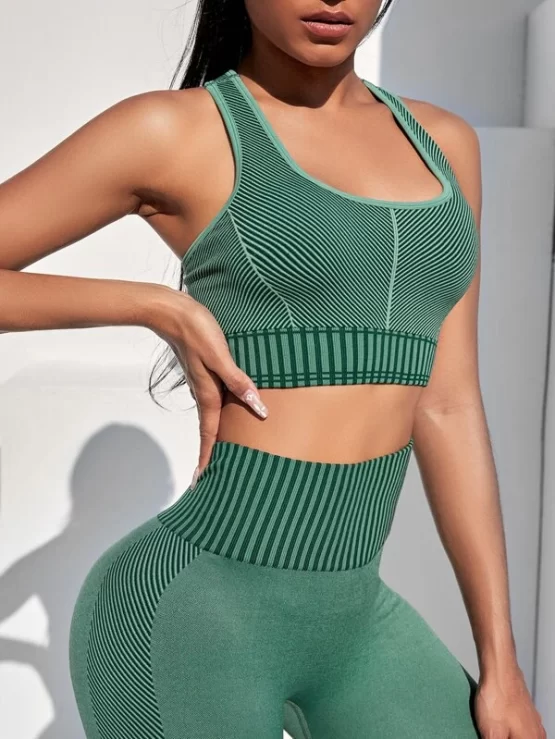 Seamless Striped Panel Wide Waistband Sports Set - Image 3