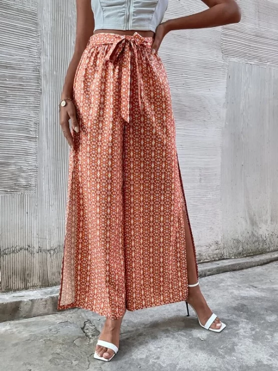 Ditsy Floral Split Thigh Belted Wide Leg Pants - Image 3