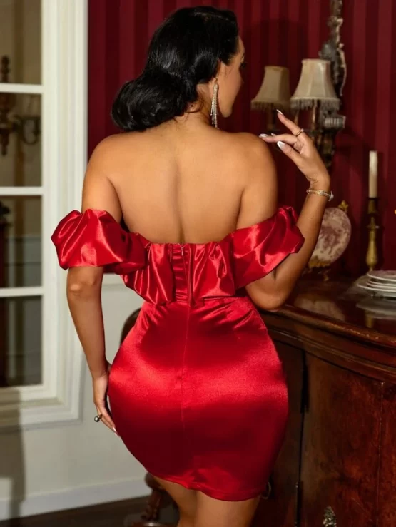 Off Shoulder Mini Satin Bodycon Dress - Image 2