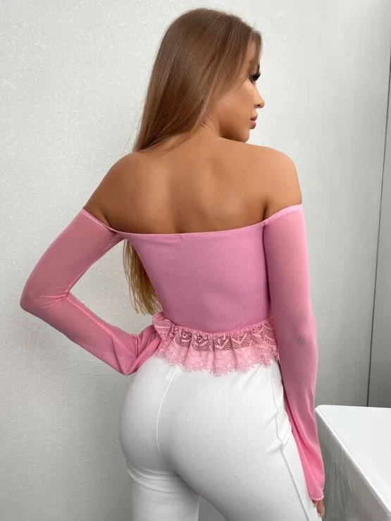 Off Shoulder Lace Ruffle Hem Mesh Trumpet Sleeve Top - Image 3