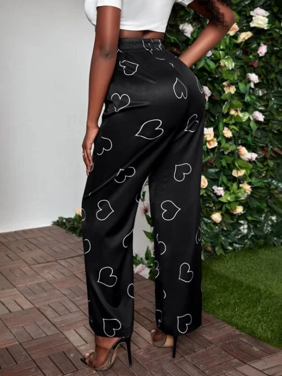 Elastic High Waist Casual Heart Print Pants - Image 6