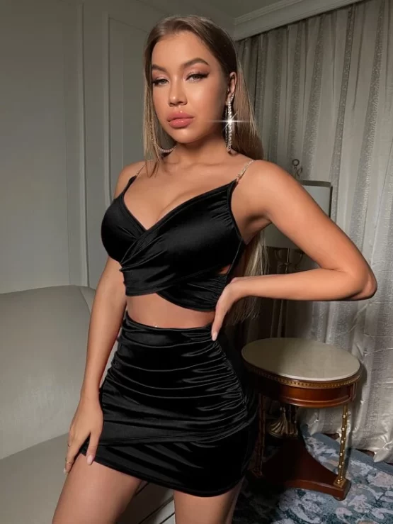 Rhinestone Strap Crossover Satin Cami Top & Bodycon Skirt - Image 12