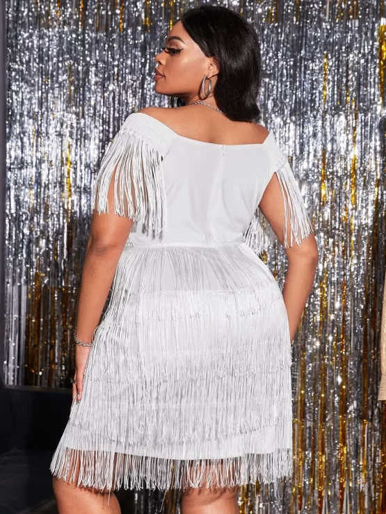 Plus Plain Fringe Trim Off Shoulder Dress - Image 2