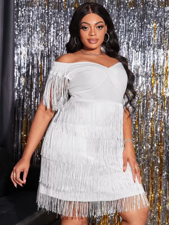 Plus Plain Fringe Trim Off Shoulder Dress - Image 4