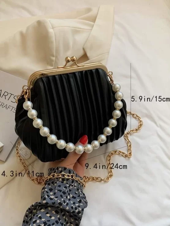 Faux Pearl Decor Kiss Lock Ruched Bag - Image 9