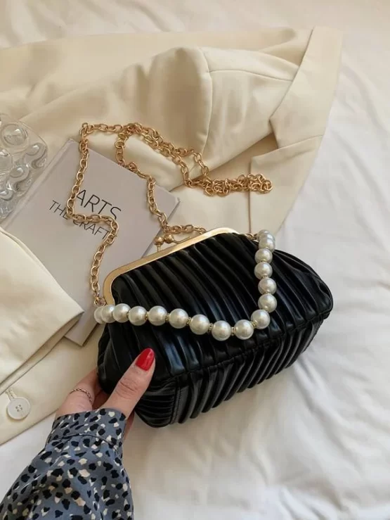 Faux Pearl Decor Kiss Lock Ruched Bag - Image 8