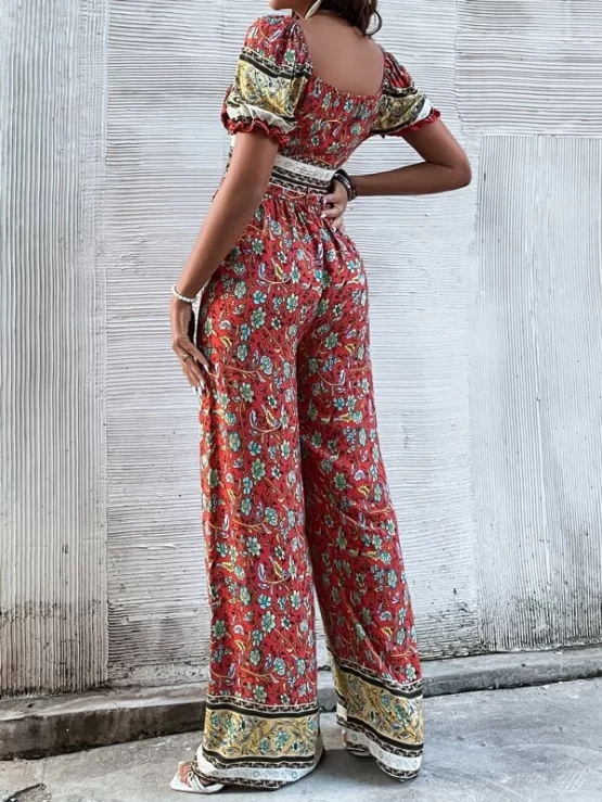 Floral Print Ruched Bust Puff Sleeve Crop Top & Pants - Image 3