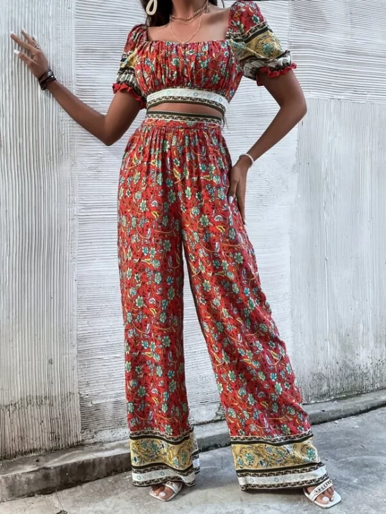Floral Print Ruched Bust Puff Sleeve Crop Top & Pants - Image 2