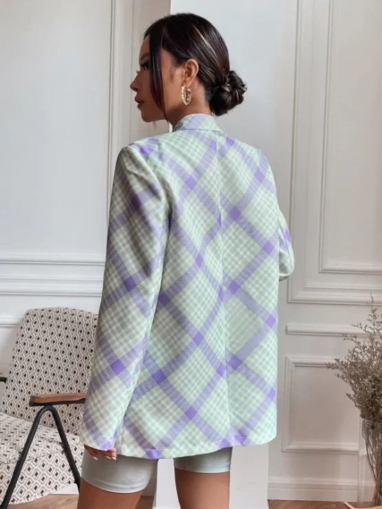 Plaid Casual Green Print Open Front Blazer - Image 2