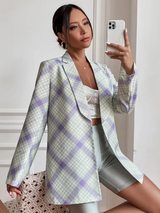 Plaid Casual Green Print Open Front Blazer - Image 3