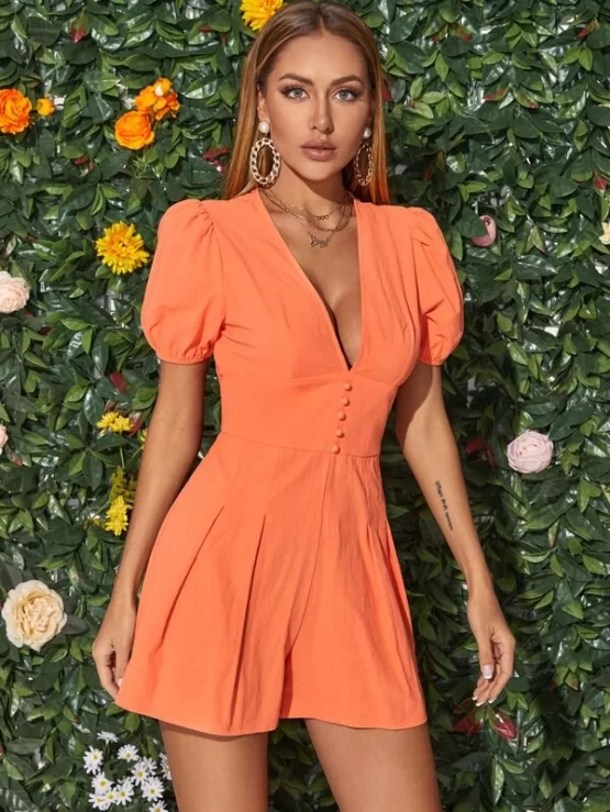 Button Detail Fold Pleated Puff Sleeve Romper - Image 2
